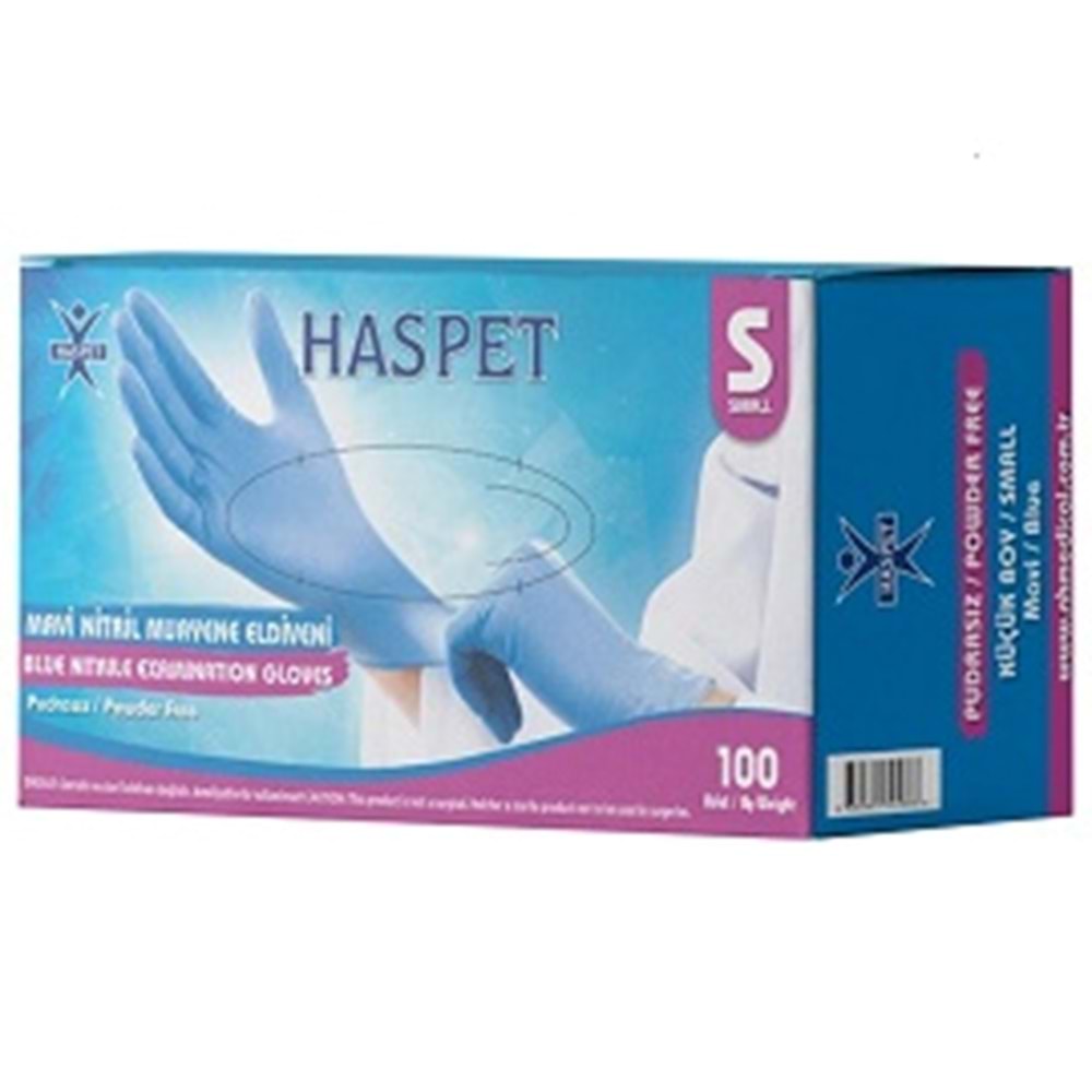 HASPET MAVİ NİTRİL PUDRASIZ SMALL 100'LÜ MUAYENE ELDİVENİ