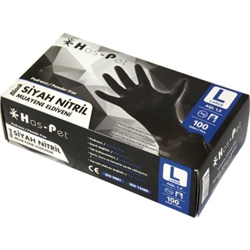 HASPET SİYAH NİTRİL PUDRASIZ LARGE 100'LÜ MUAYENE ELDİVENİ