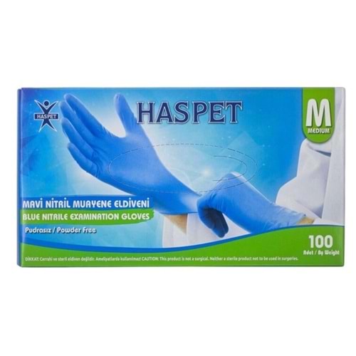 HASPET MAVİ NİTRİL PUDRASIZ MEDIUM 100'LÜ MUAYENE ELDİVENİ